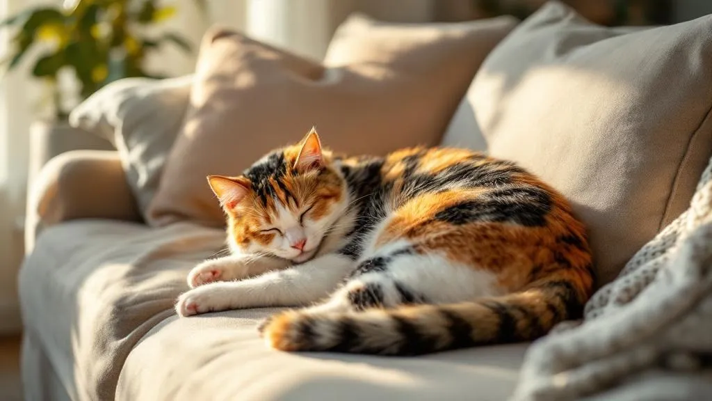 A relaxed calico cat curled up comfortably on a cozy couch cushion in a sunlit room