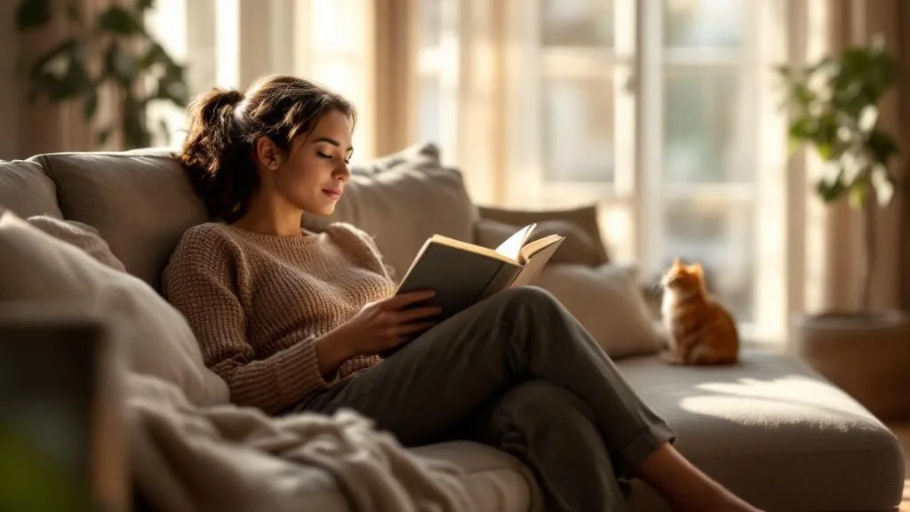 A person sitting quietly on a couch reading a book while a new cat explores the room from a hiding spot