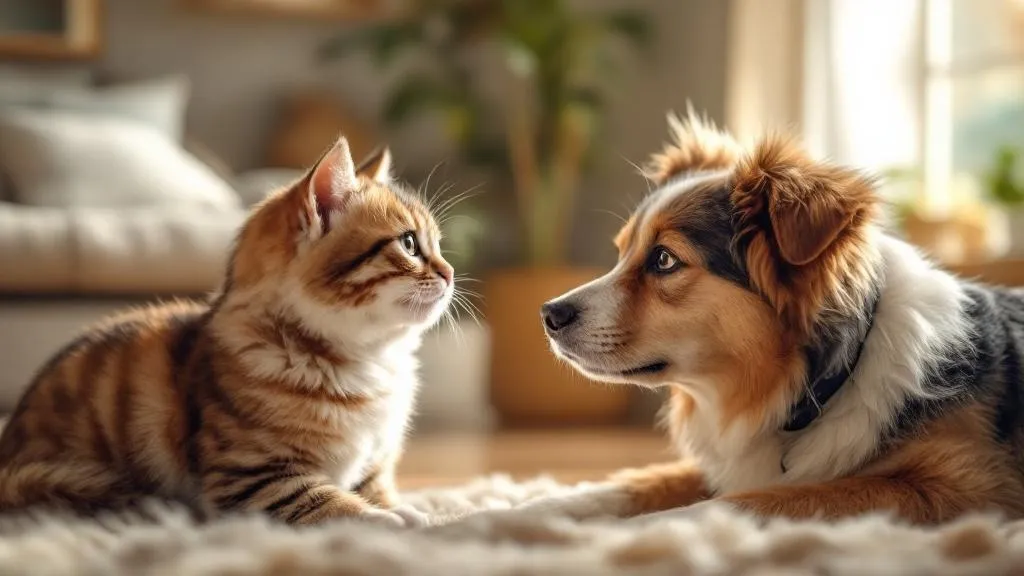 A supervised introduction between a new cat and a resident dog, with both animals showing calm body language