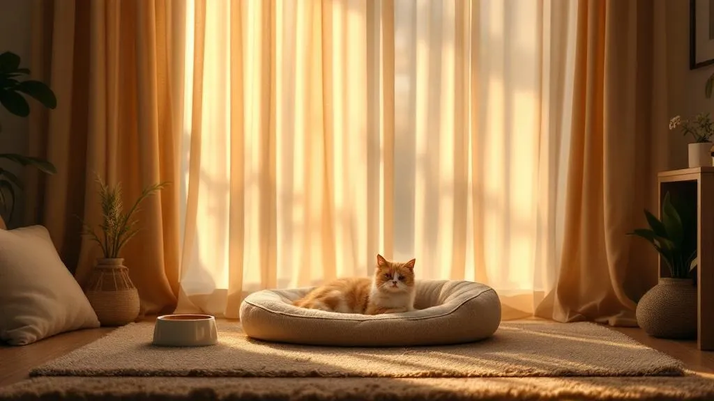 A cozy room with closed curtains, featuring a cat bed, food and water bowls, and toys in a quiet corner