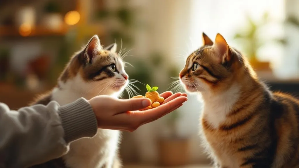 A person offering a treat from their palm to a cautious cat who is slowly reaching out to take it