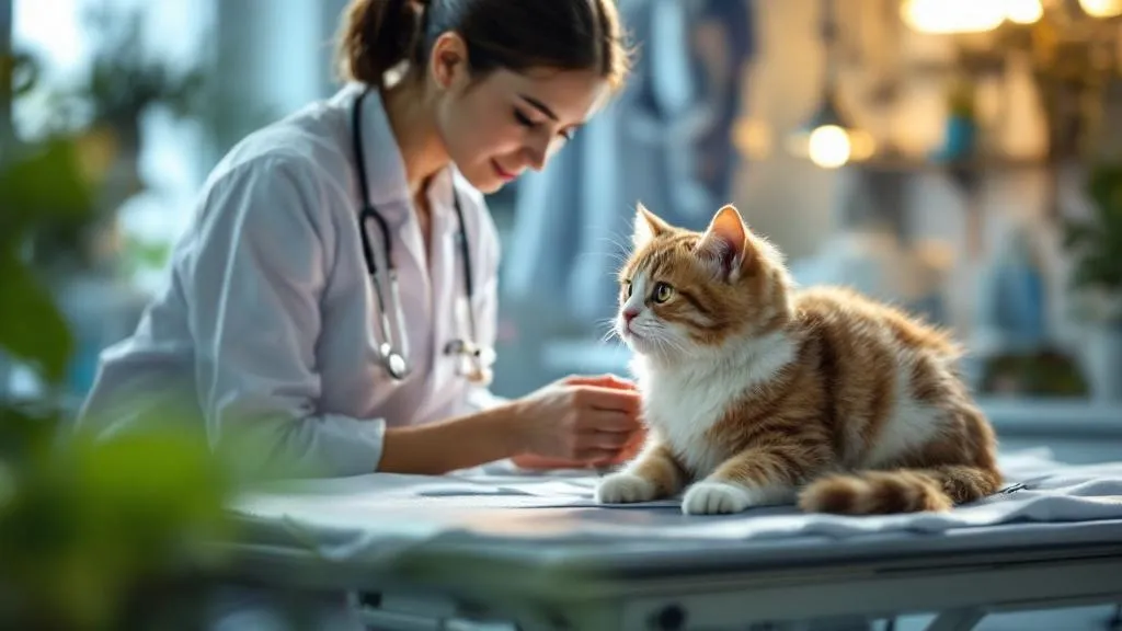 A veterinarian gently examining a cat on an exam table while the owner provides comfort