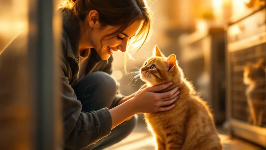 A happy person gently petting an orange tabby cat at an animal shelter