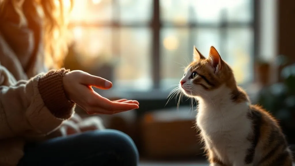 A person gently extending their hand toward a curious cat in a shelter meeting room, allowing the cat to approach on its own terms