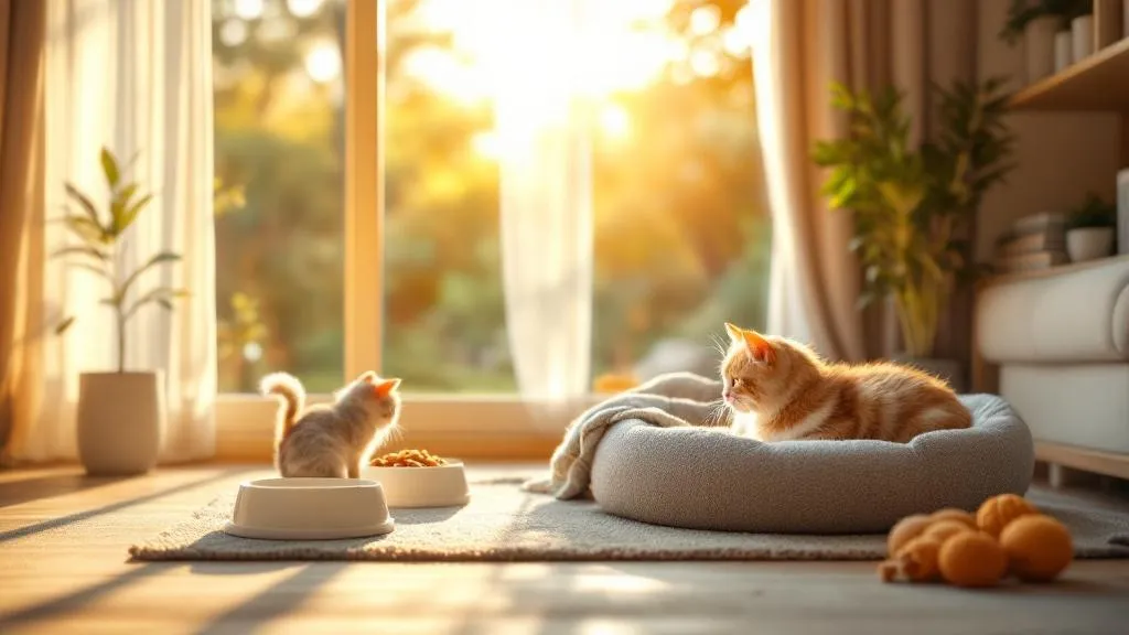 A cozy corner of a living room prepared for a new cat, featuring a comfortable bed, food and water bowls, and toys near a sunny window