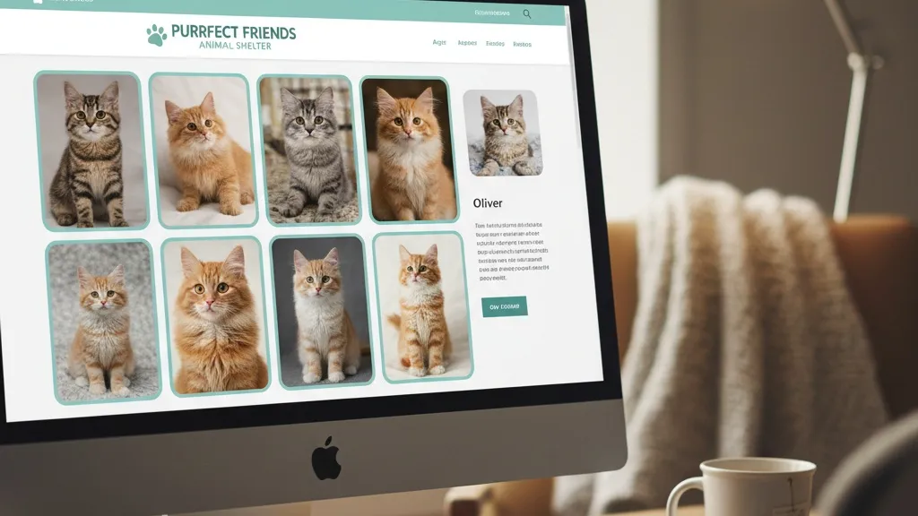 A computer screen showing a shelter website with photos of adoptable cats and detailed profiles