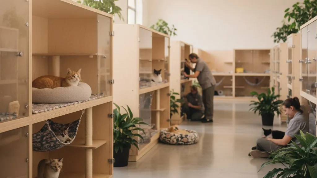 A spacious, clean animal shelter with cats in comfortable housing units waiting for their forever homes