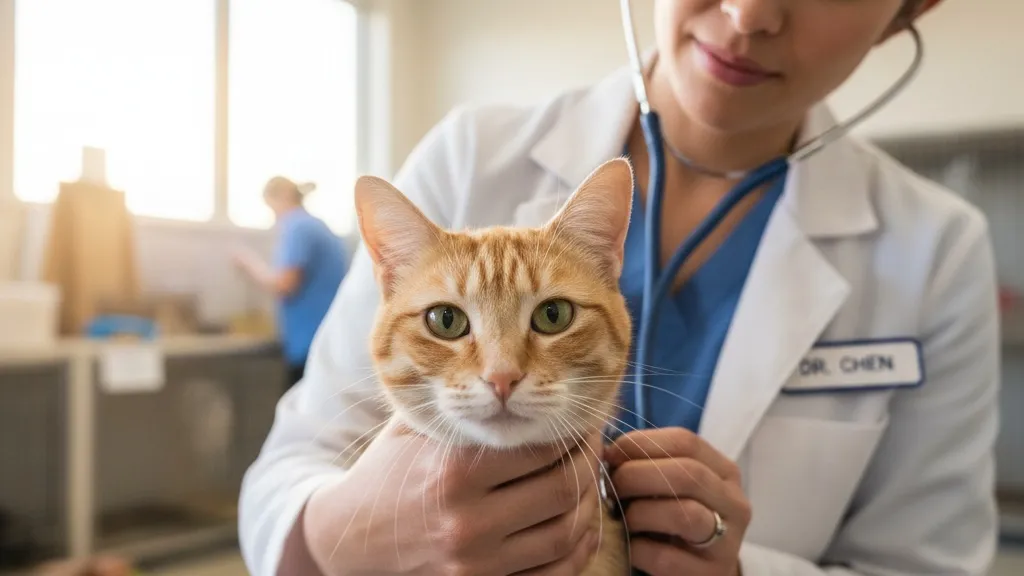 A veterinarian performing a health examination on a friendly cat at an animal shelter