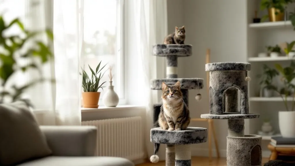 A tall cat tree positioned near a window, with a cat perched on the top platform looking content