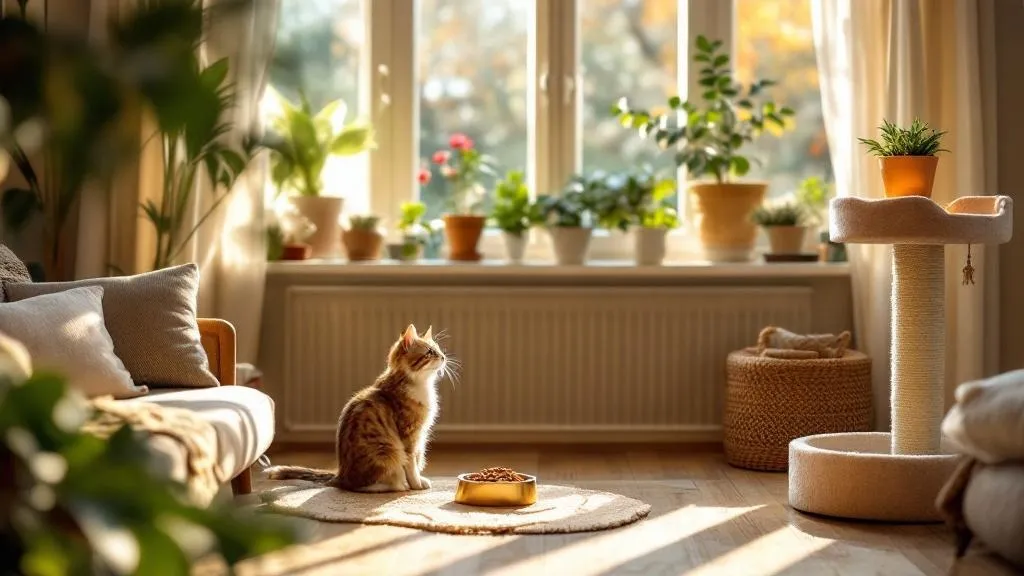 A cozy living room with cat tree, food bowls, and a happy cat sitting on a windowsill