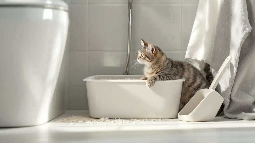A clean, well-maintained litter box area in a bathroom with unscented clumping litter and a matching scoop