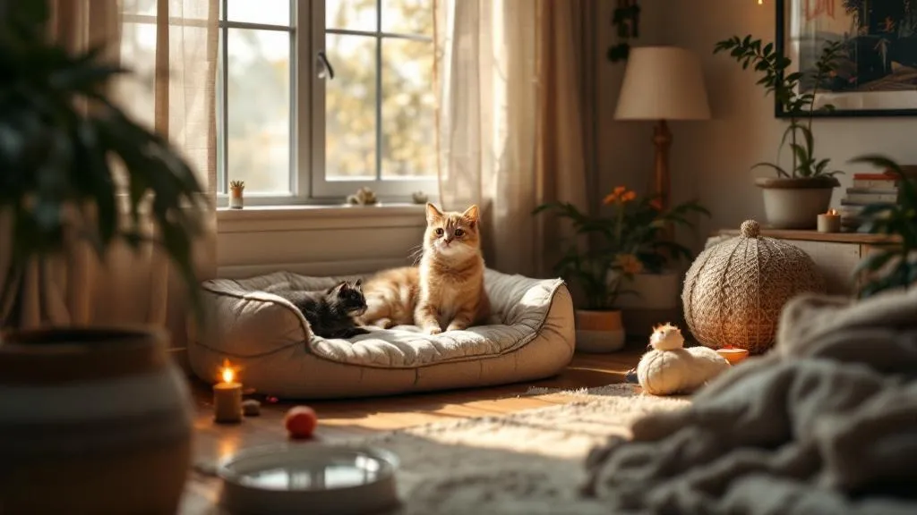 A cozy spare bedroom transformed into a cat sanctuary, featuring a comfortable bed, water bowl, and toys in a quiet corner