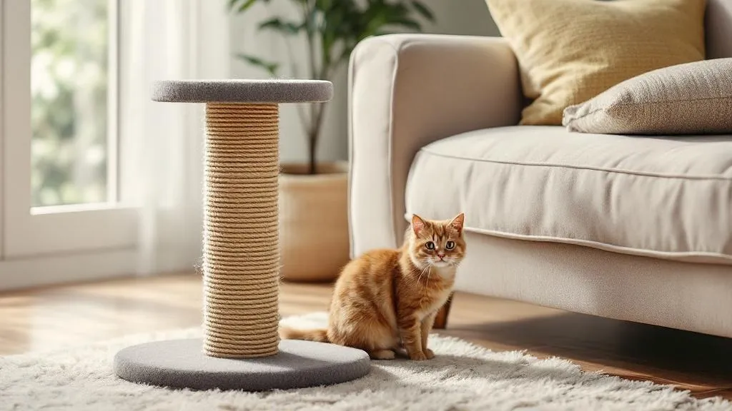 A sturdy sisal rope scratching post placed near a couch, with visible scratch marks showing it is well-used