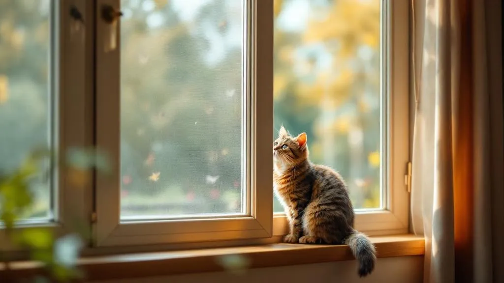 A secure window with a tightly fitted screen, featuring a happy cat sitting on the windowsill watching birds outside