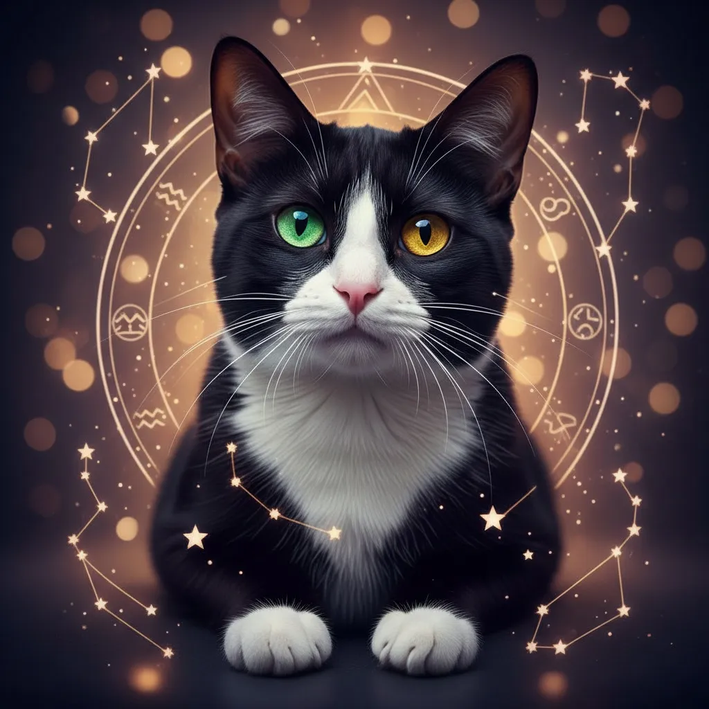 A sleek black and white cat with striking eyes looking curiously at the camera