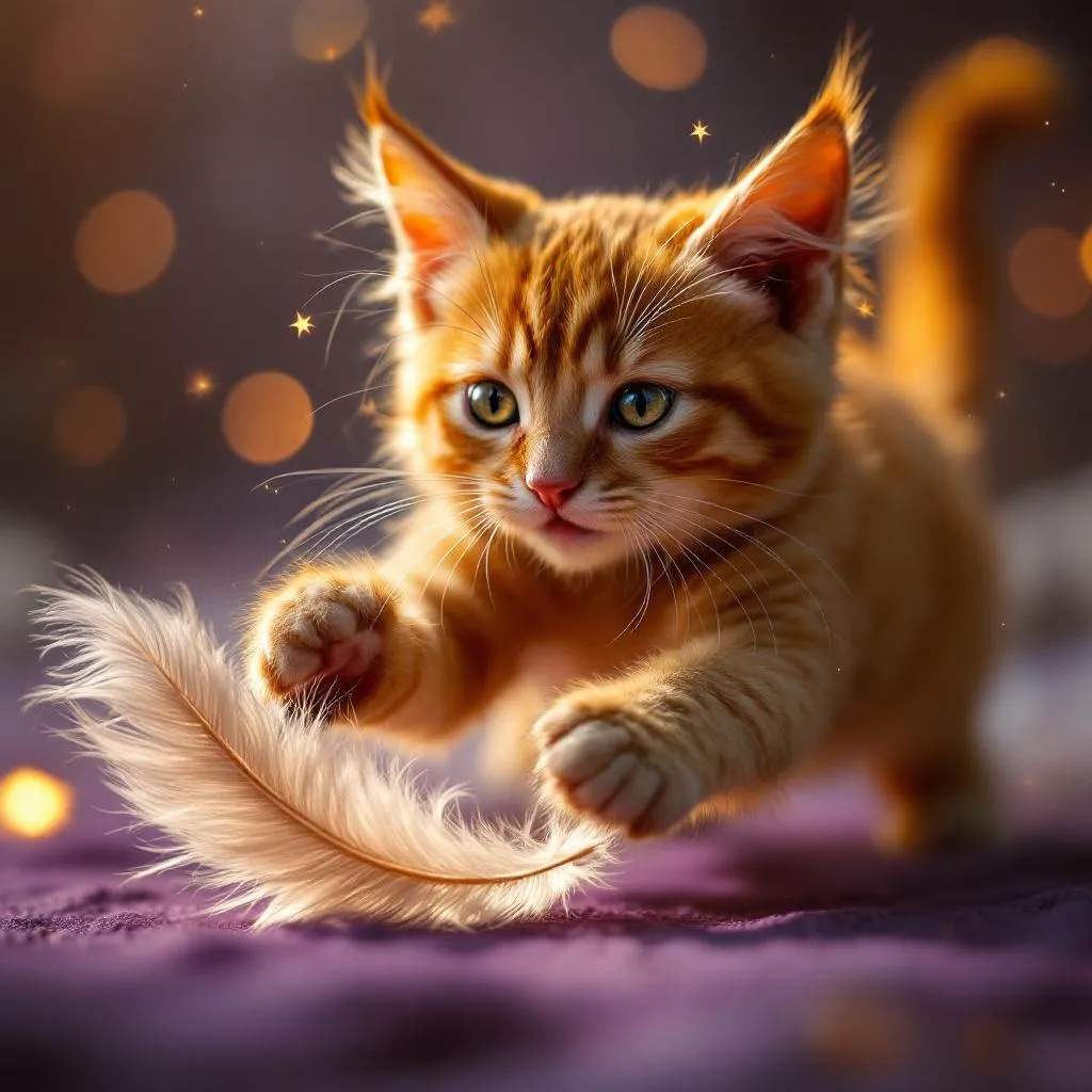 An active cat pouncing on a feather toy with focused intensity and alertness