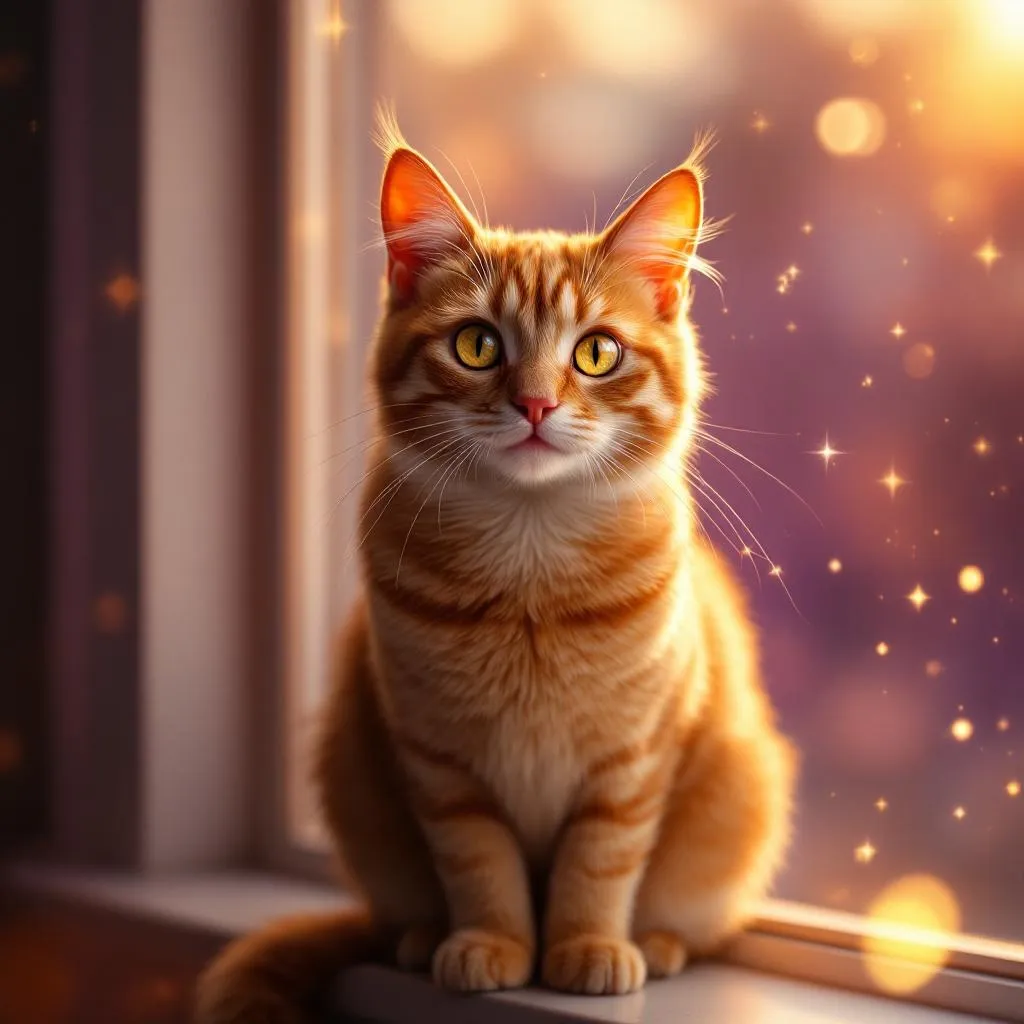 A confident orange tabby cat with bright eyes sitting on a windowsill surveying its domain