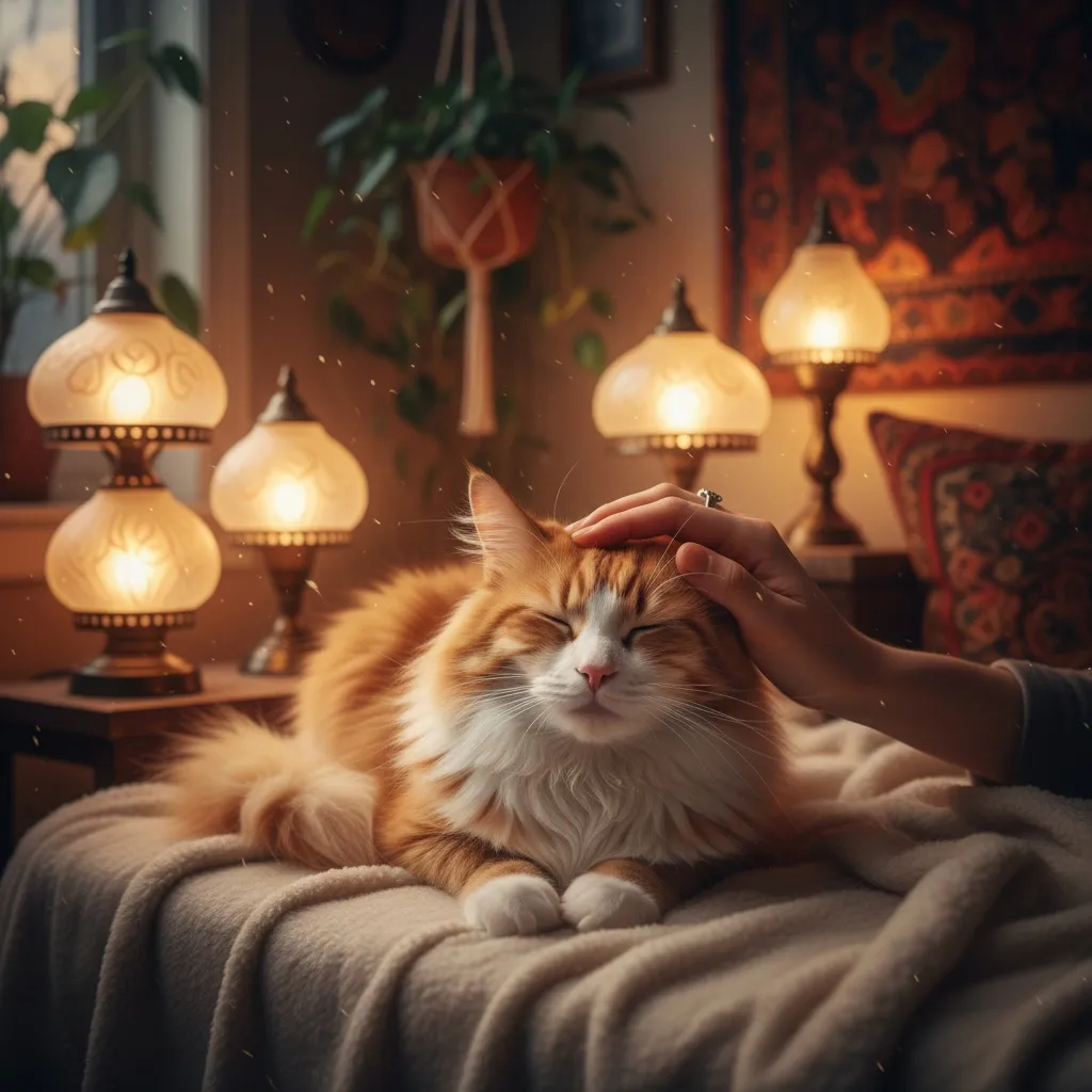A cat being gently petted by a person in a comfortable home setting