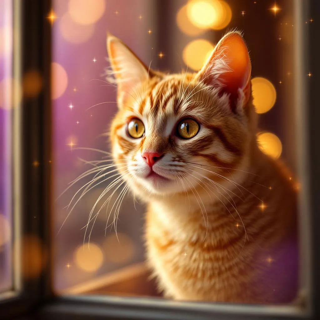 A determined orange cat with ears perked forward looking through a window at potential prey