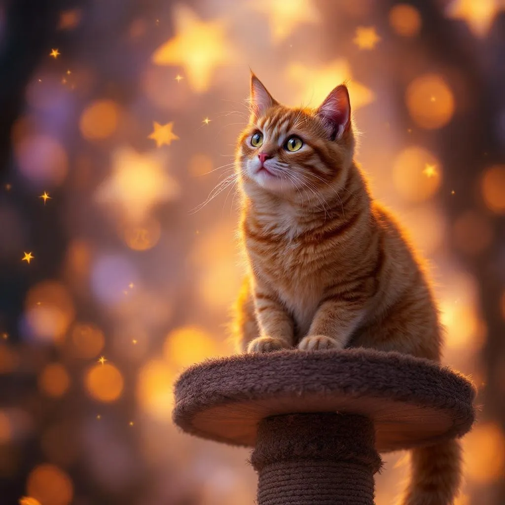 A tall cat tree with a cat perched at the top looking down at its territory