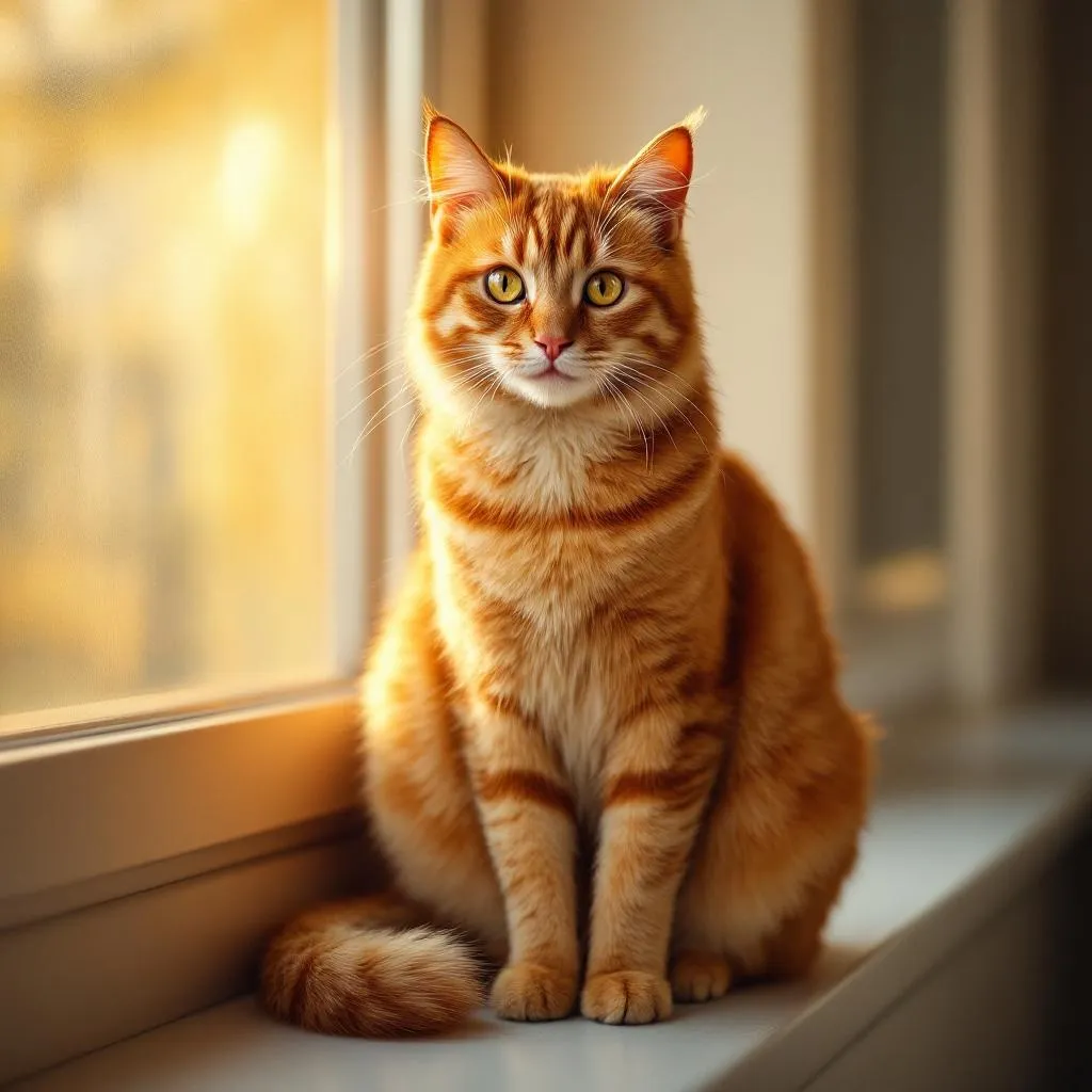A fiery orange cat with bright eyes sitting confidently on a windowsill