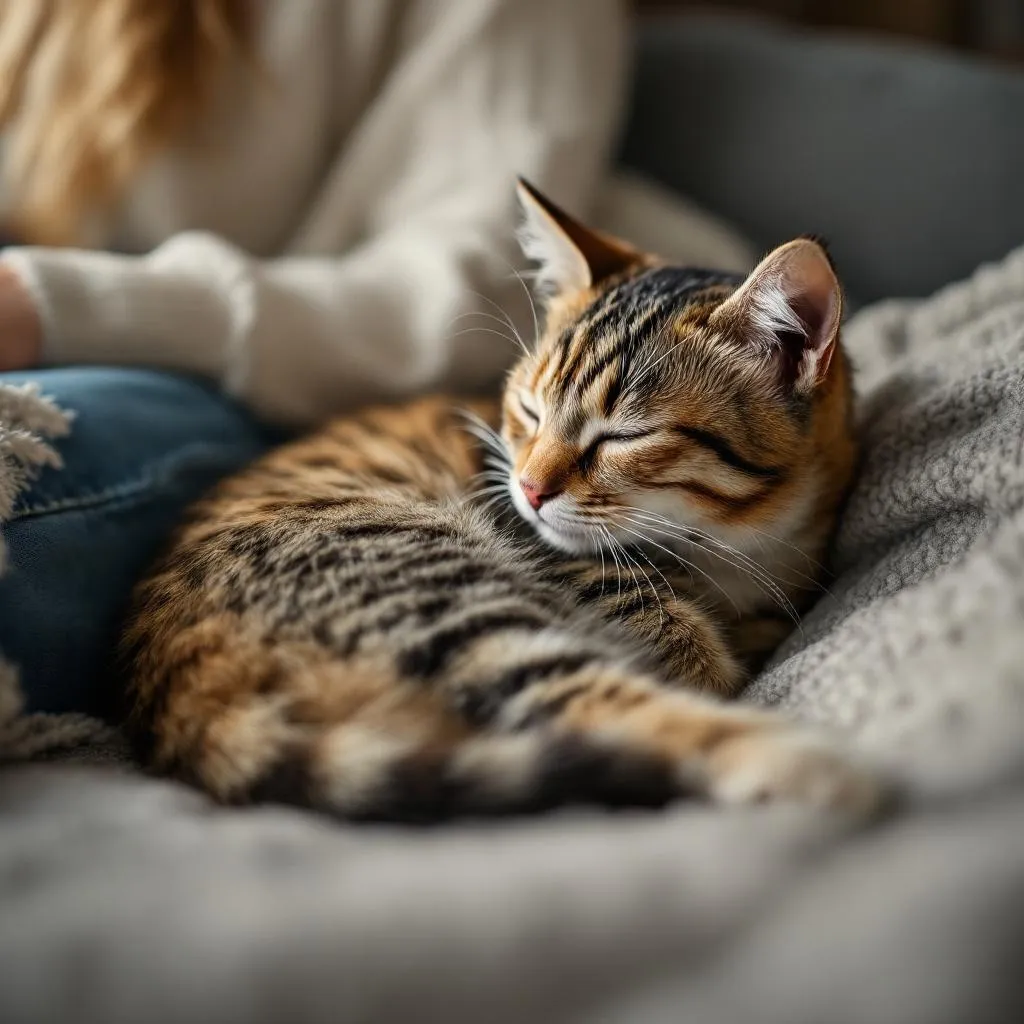 A Cancer cat curled up contentedly against a person's leg on a cozy couch