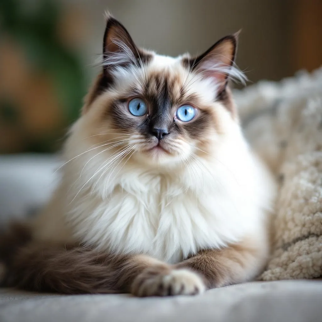 A gentle ragdoll cat gazing softly with expressive blue eyes