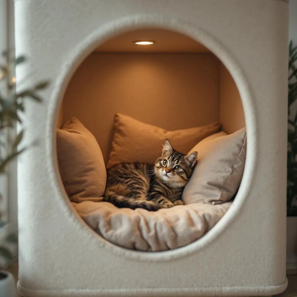 A cozy cat bed in a quiet corner providing a secure hiding spot for a cat