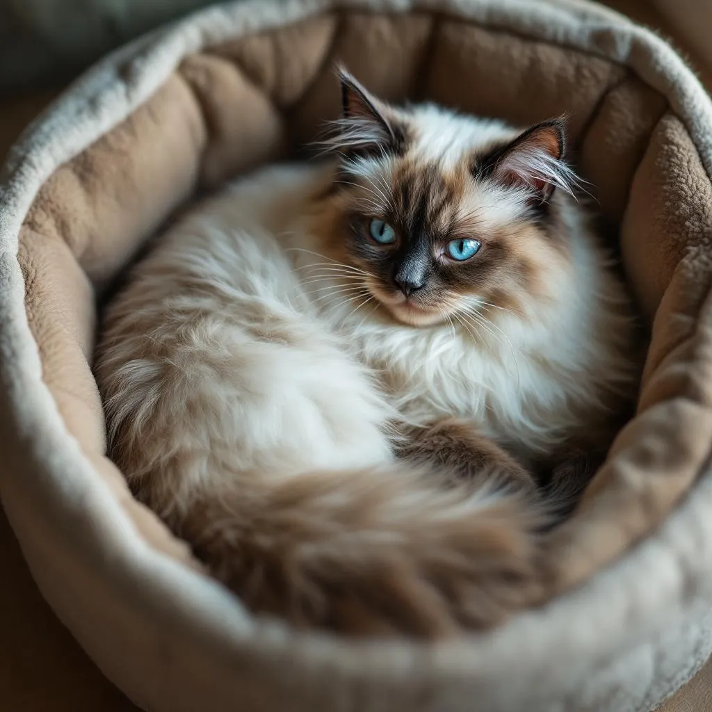 A gentle ragdoll cat curled up contentedly in a cozy cat bed