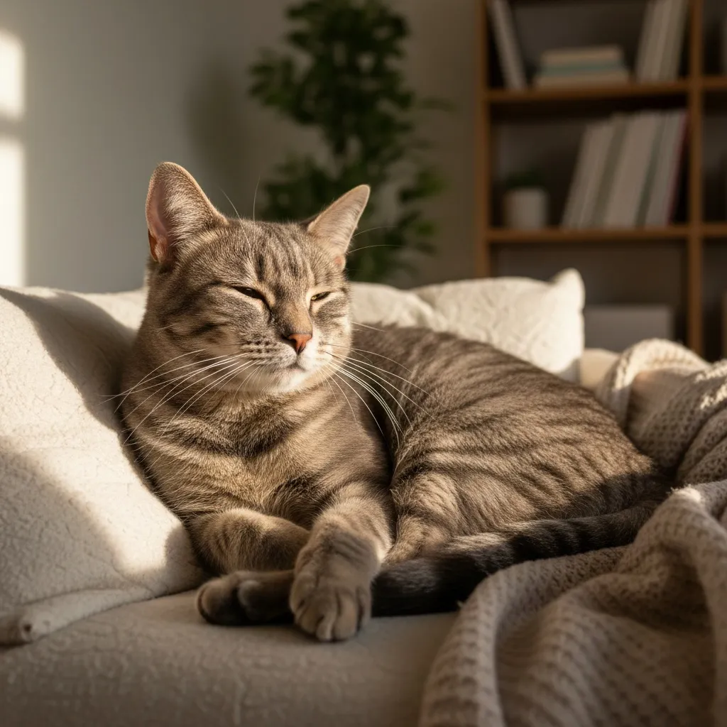 A cat resting in a comfortable, well-organized space that provides security and comfort