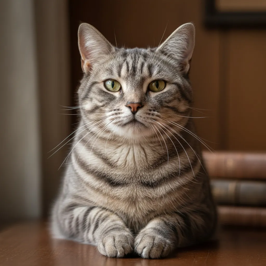 A dignified gray tabby cat sitting upright with a calm, contemplative expression showing the mature nature of Capricorn cats