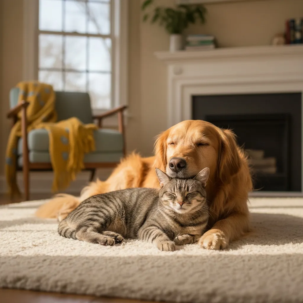 A cat and dog resting peacefully together, showing the potential for harmony in pet households