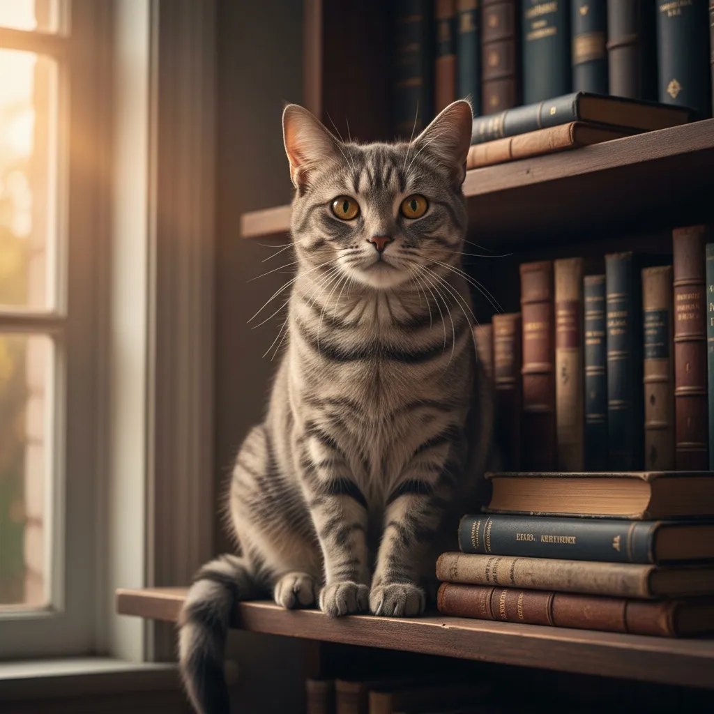 A cat sitting on a bookshelf surrounded by books, showing the intellectual, observant nature of Capricorn cats
