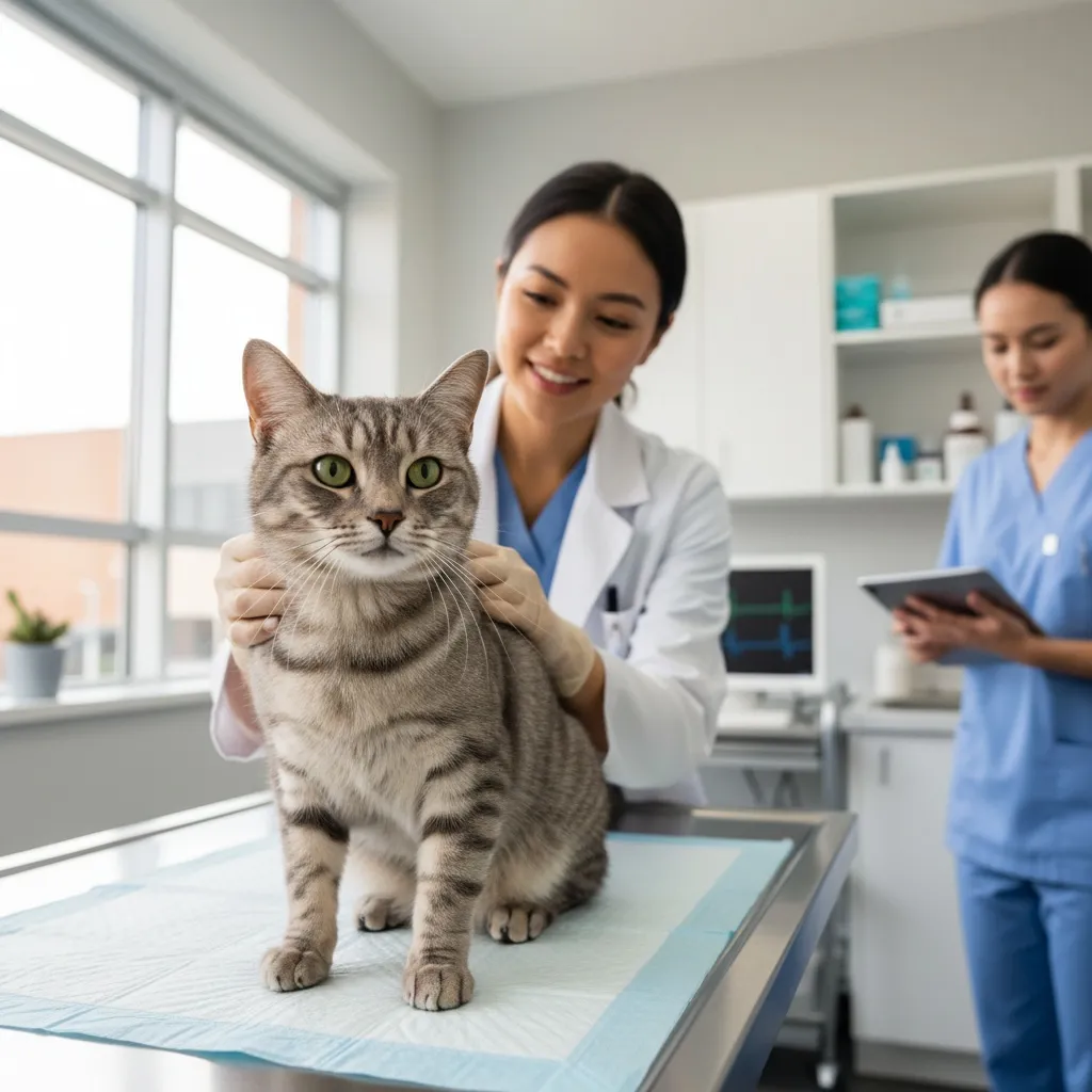 A cat receiving a gentle veterinary examination in a calm setting