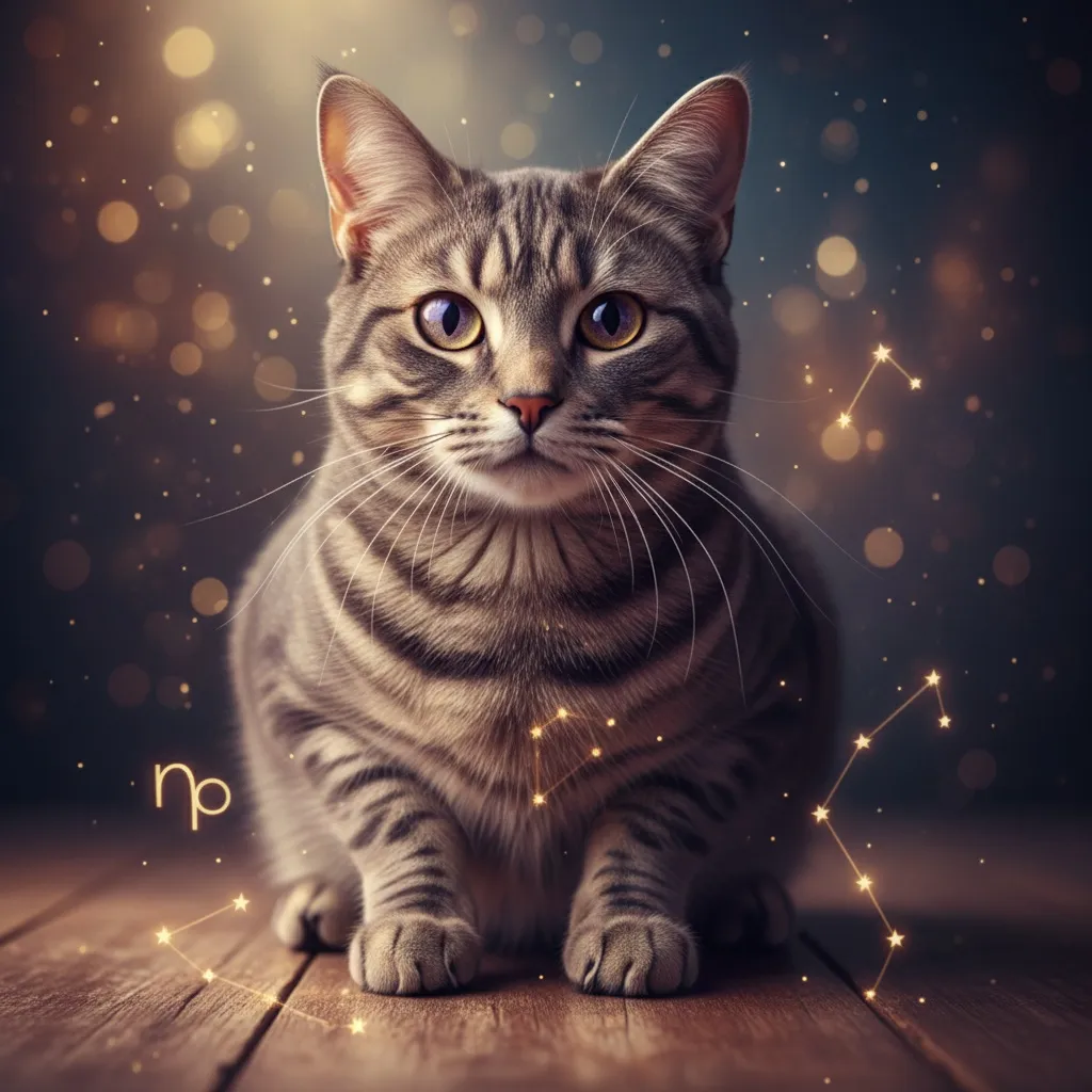 A dignified gray tabby cat with calm, knowing eyes sitting on a wooden surface