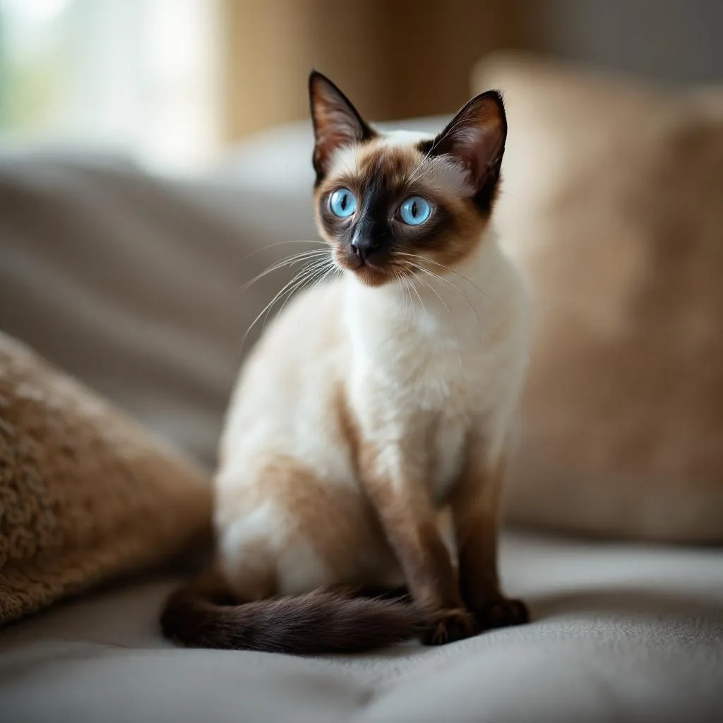 An alert Siamese cat with perked ears looking curiously at the camera