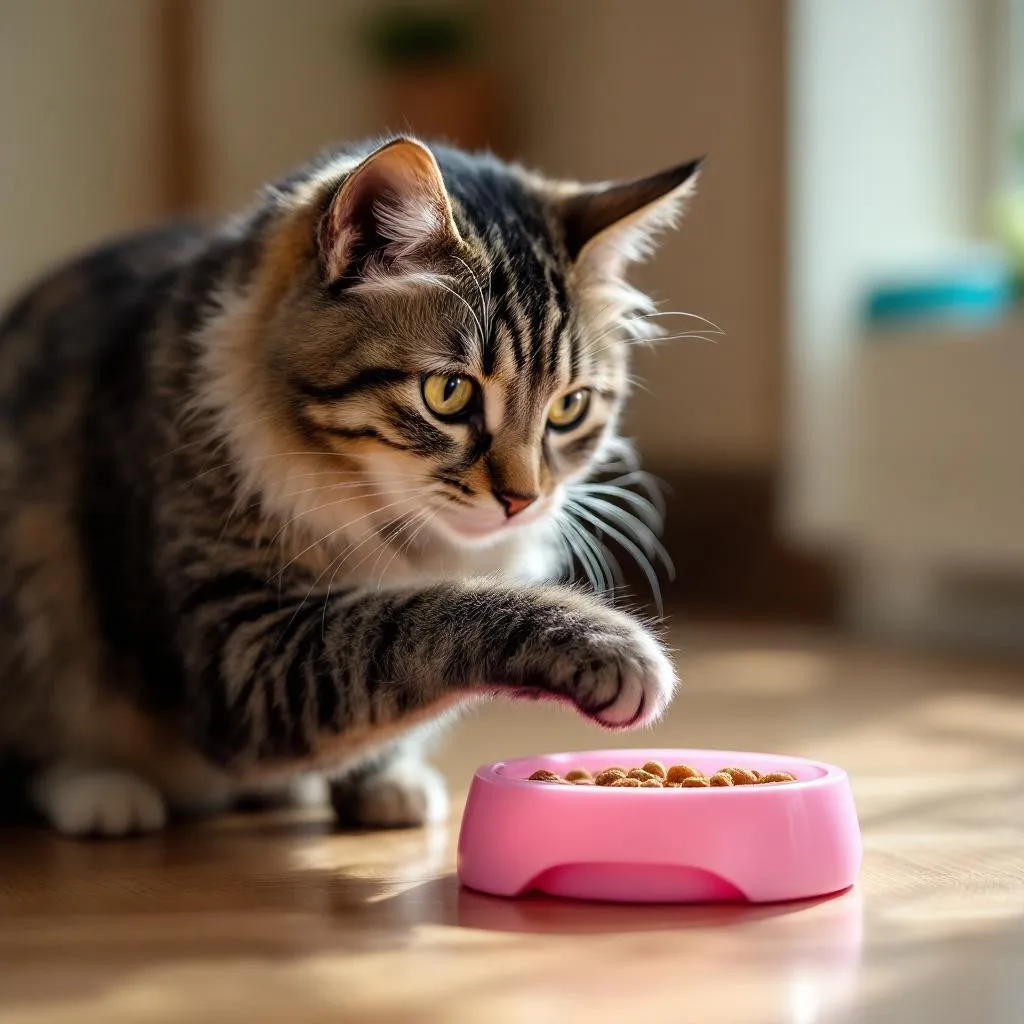 A cat playing with a puzzle feeder using its paws to manipulate the mechanism