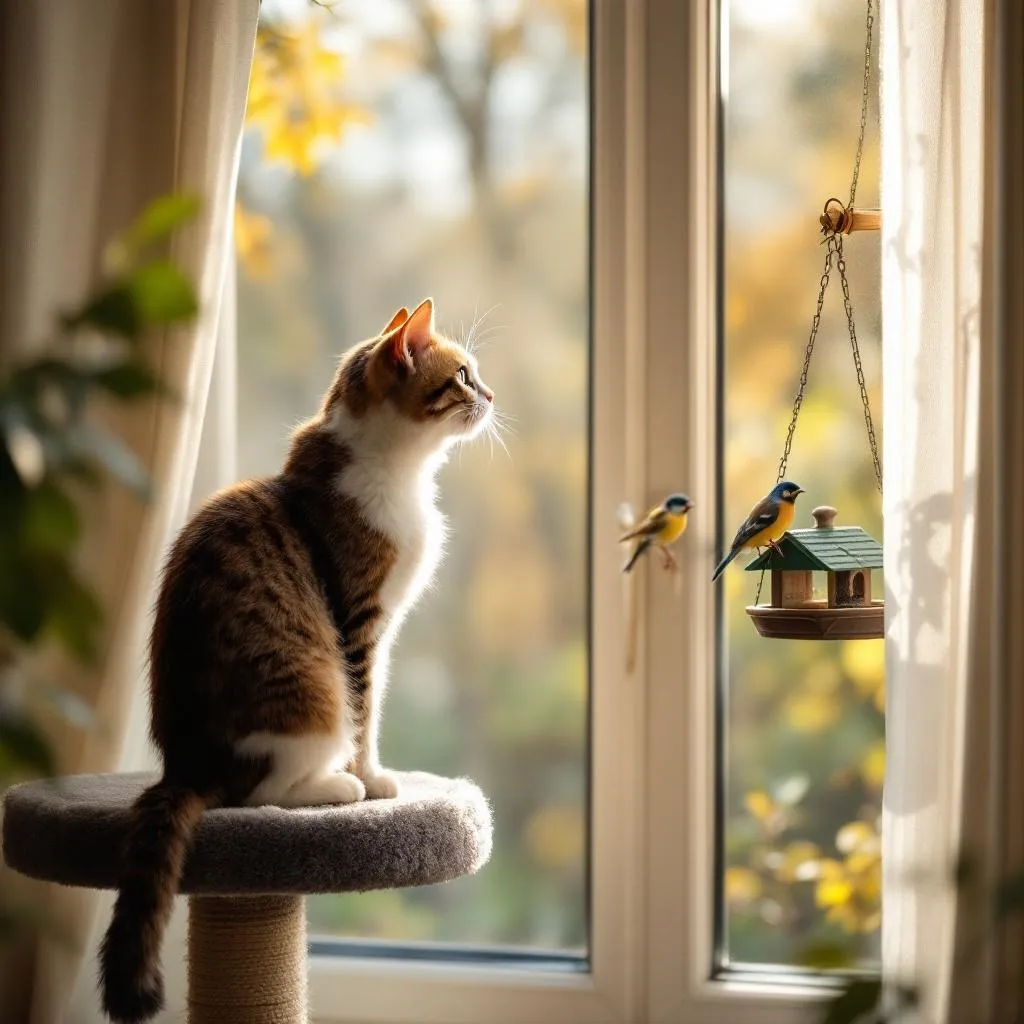 A curious cat watching birds from a sunny window with alert expression