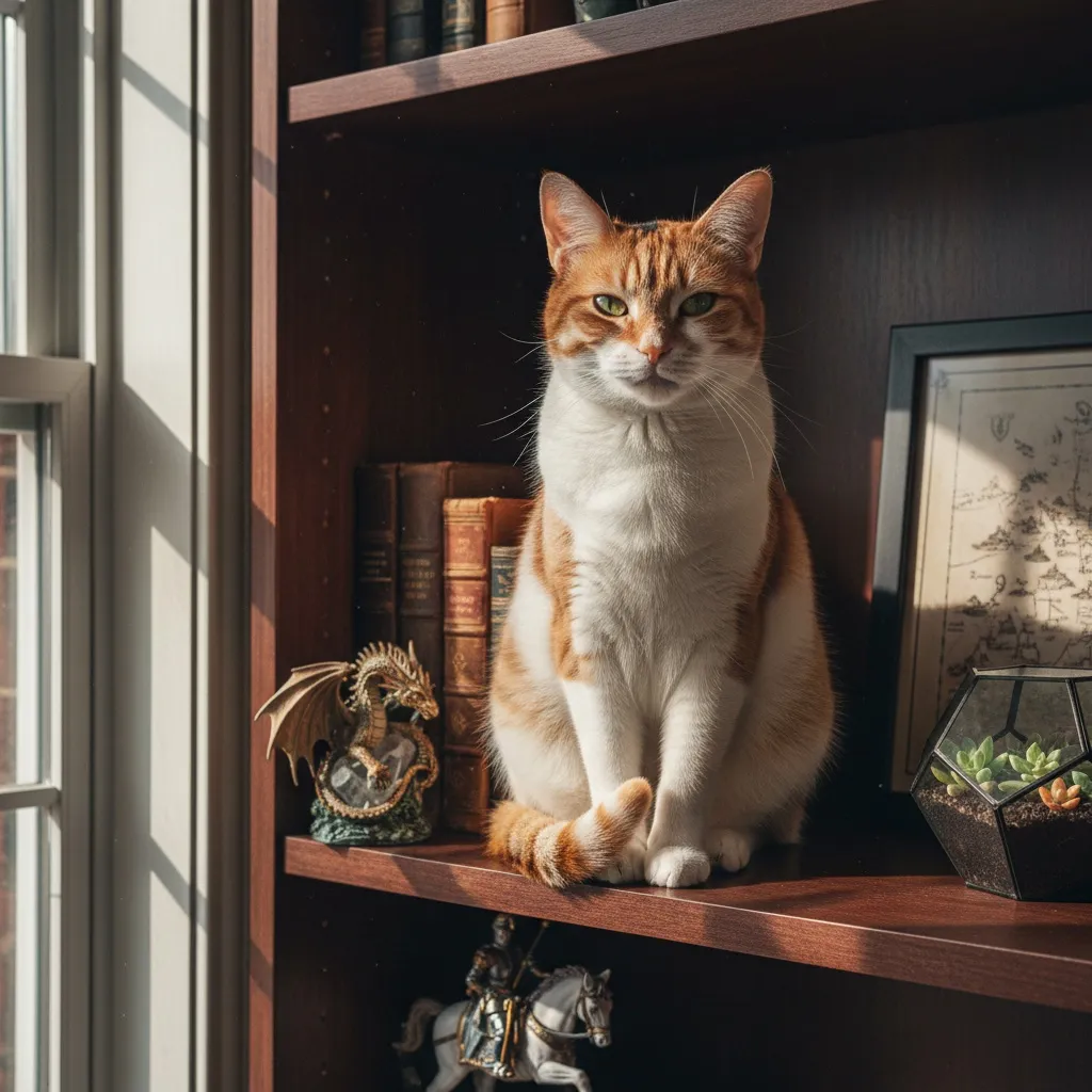 A proud cat sitting on a bookshelf surrounded by collectibles, surveying their domain