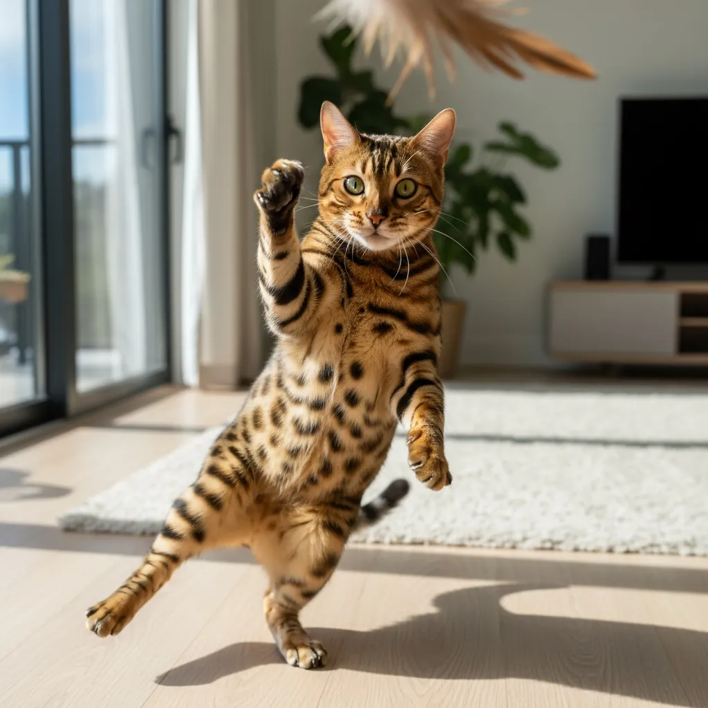 A playful Bengal cat batting at a toy with enthusiastic energy and beautiful golden spotted coat