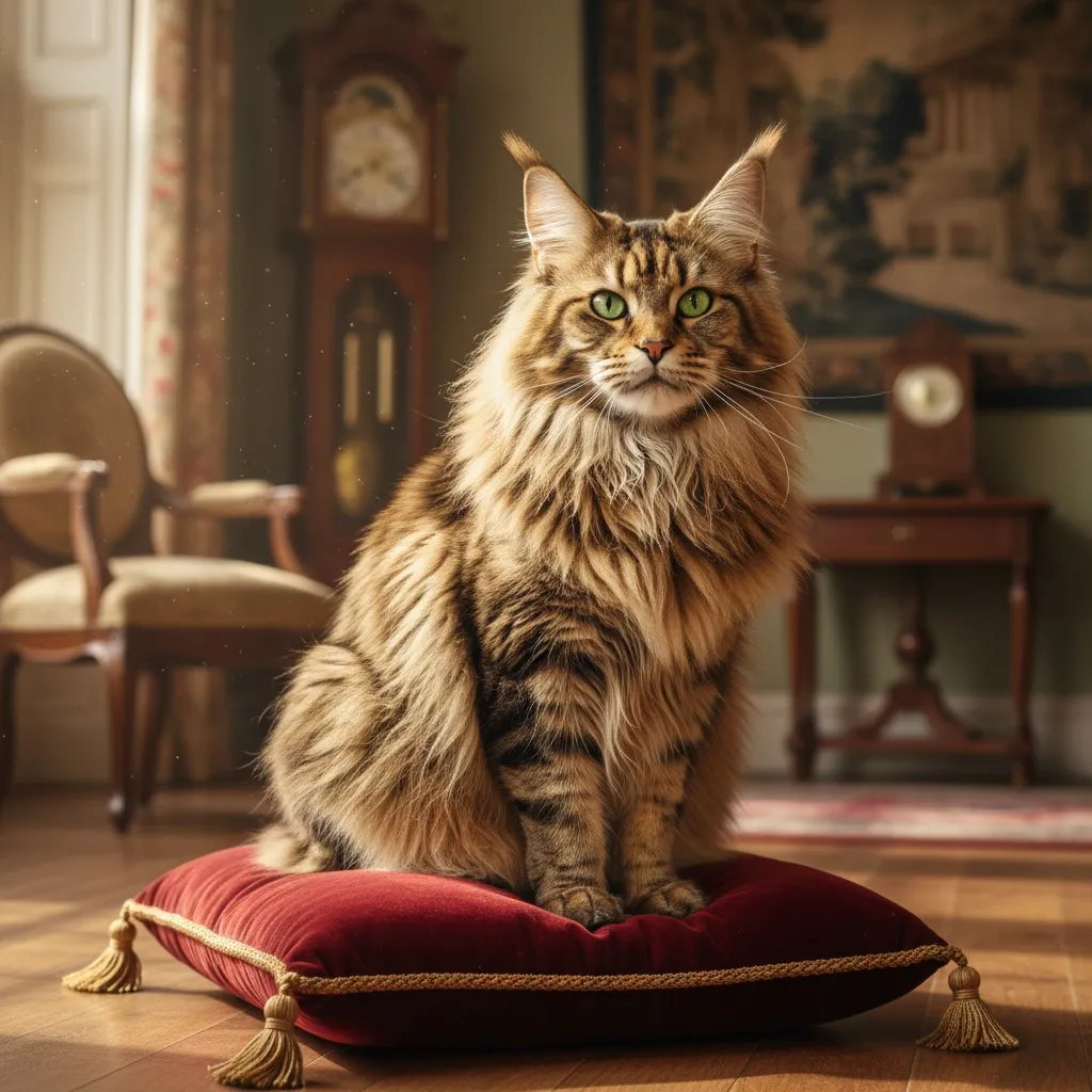 A regal Maine Coon cat with a magnificent golden mane sitting on a velvet cushion