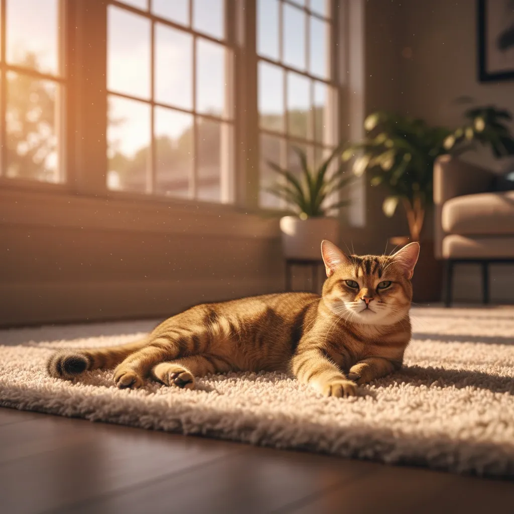 A golden tabby cat lounging on a plush rug in a sunny spot near large windows