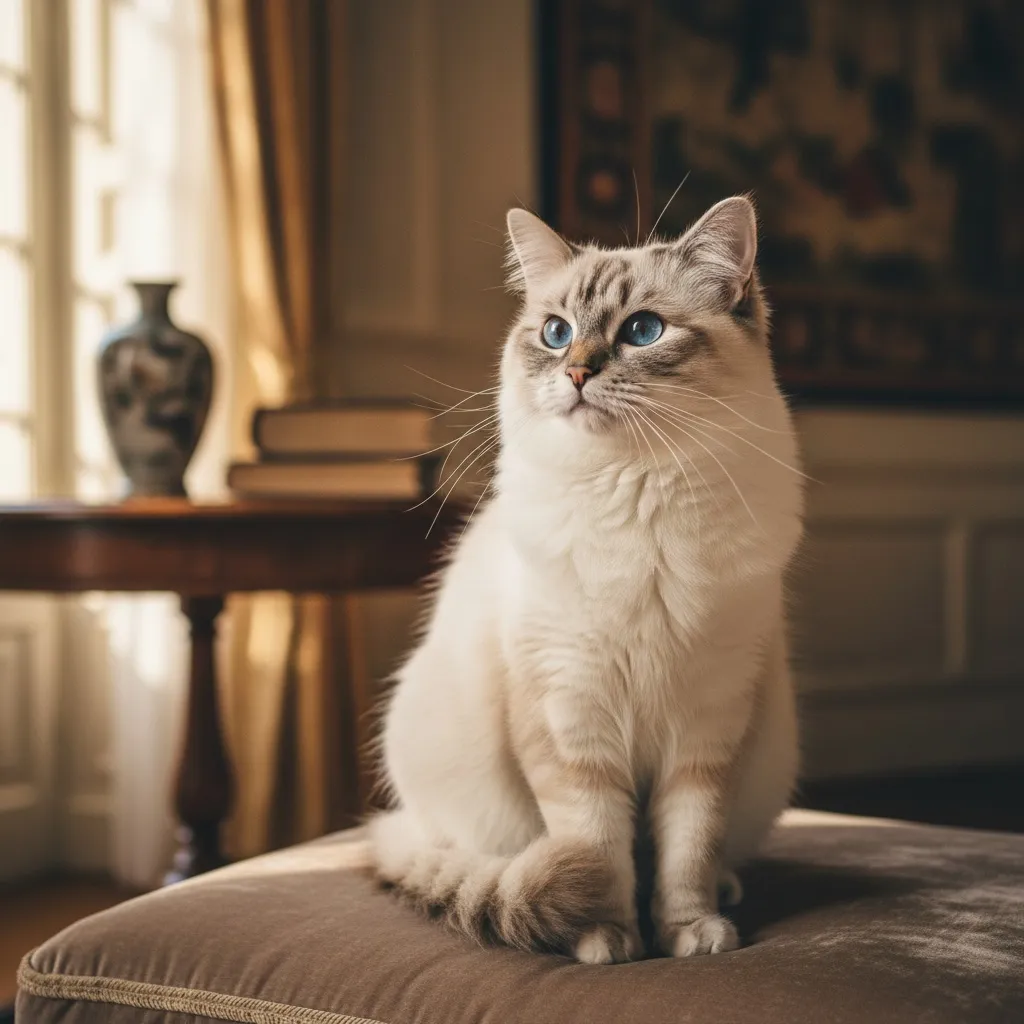 A beautiful Ragdoll cat with striking blue eyes sitting gracefully on a plush cushion