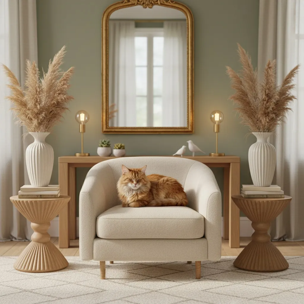 A contented cat lounging in a beautifully arranged space with balanced decorative elements