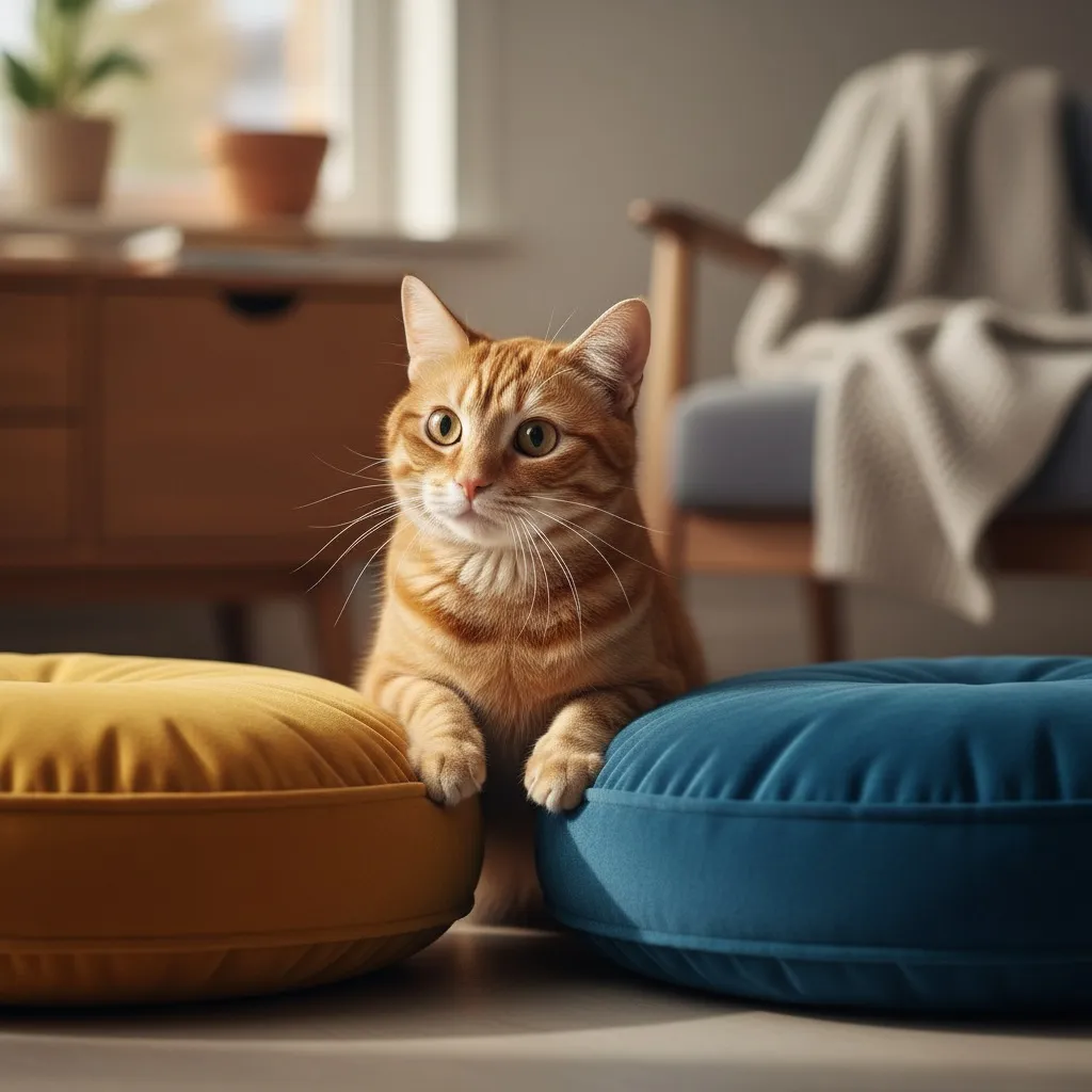 A hesitant cat sitting between two equally appealing options with an expression of uncertainty