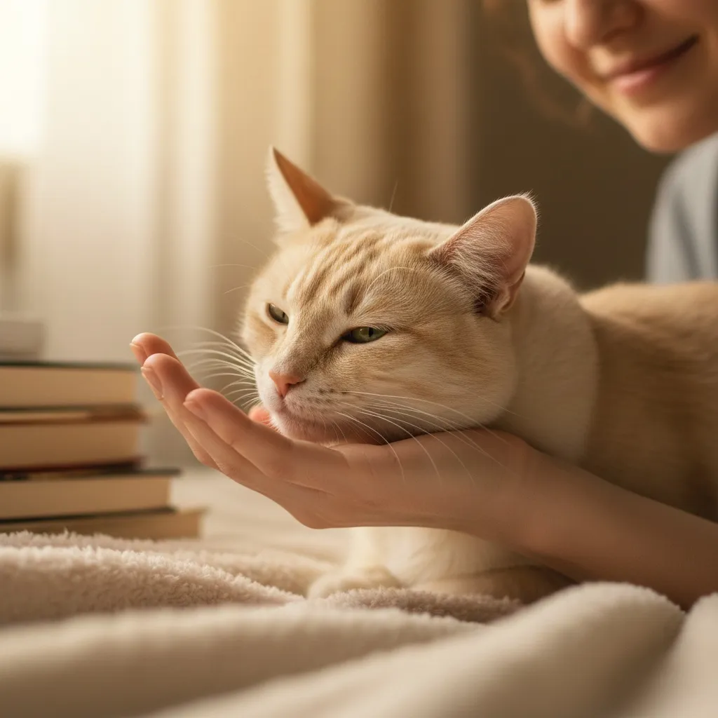 A social cat gently head-butting their owner's hand while purring contentedly