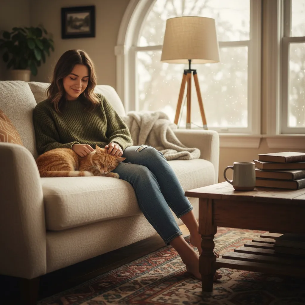 A cat and owner sitting together on a couch in a cozy living room