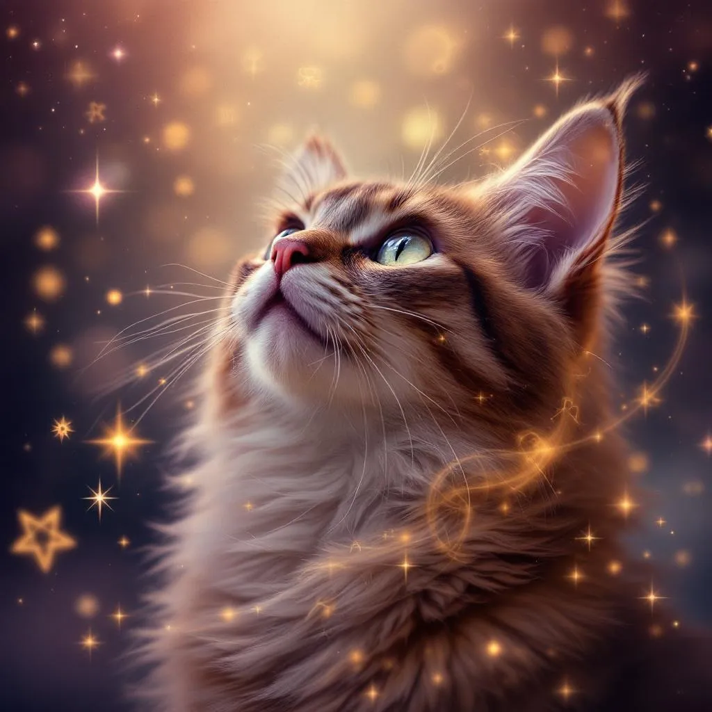 A mystical night sky showing zodiac constellations surrounding a peaceful cat silhouette