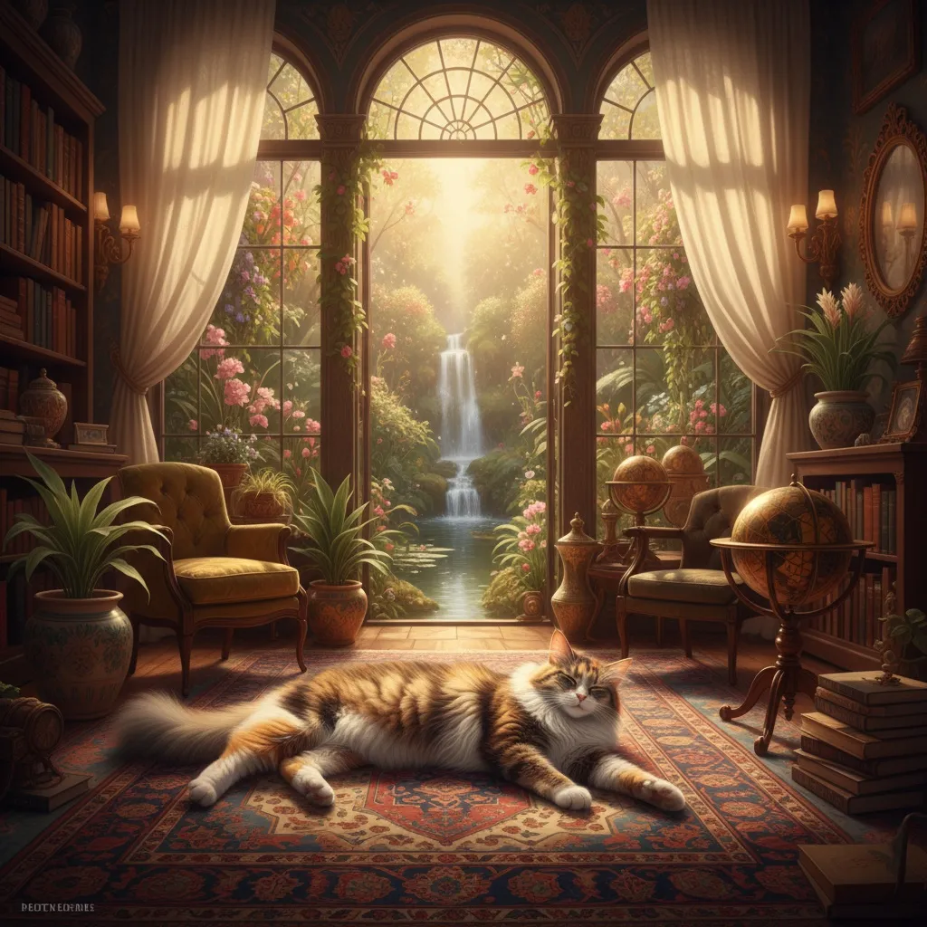 A content cat lounging in a sunny spot in a beautifully decorated room