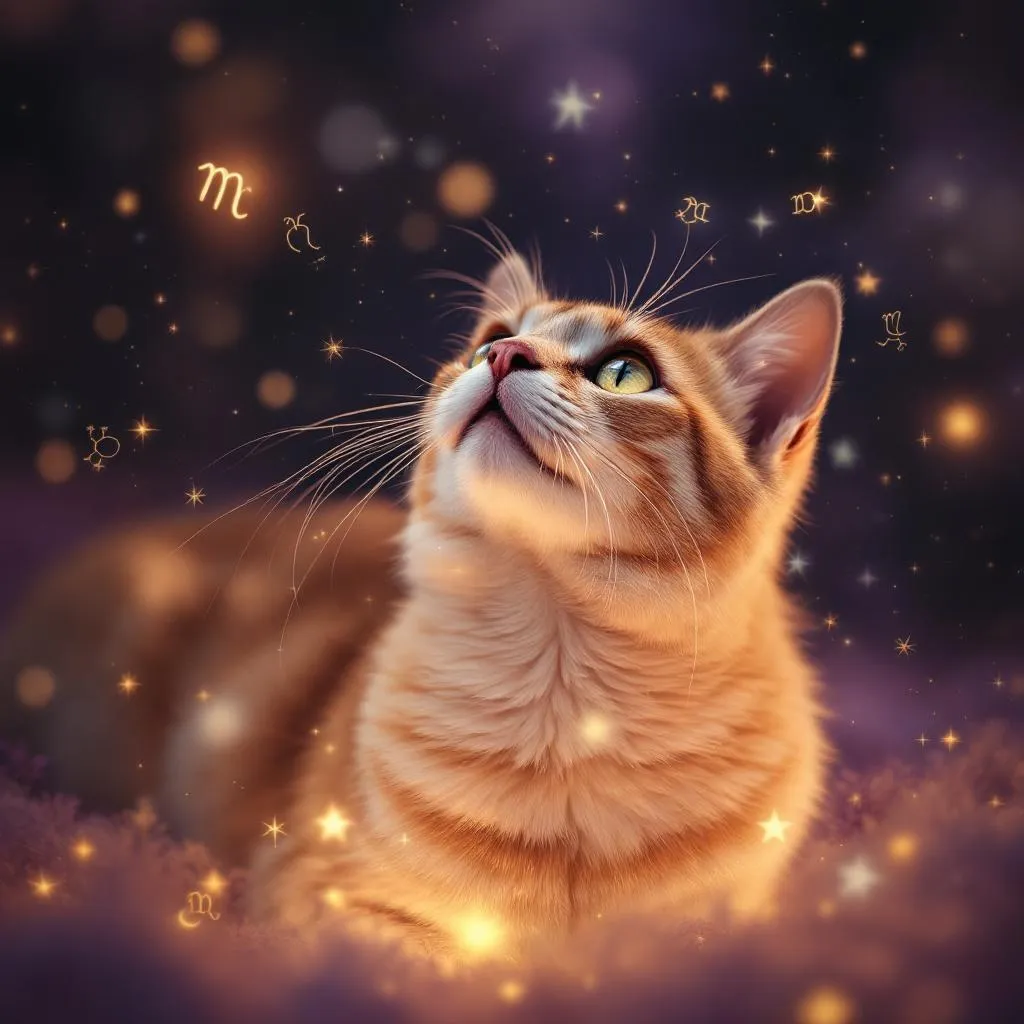 A mystical illustration of a cat surrounded by zodiac constellations and stars